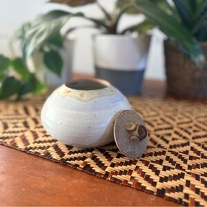 Handmade Stoneware Trinket Dish with Lid Signed Pottery Vase Catchall Cottage